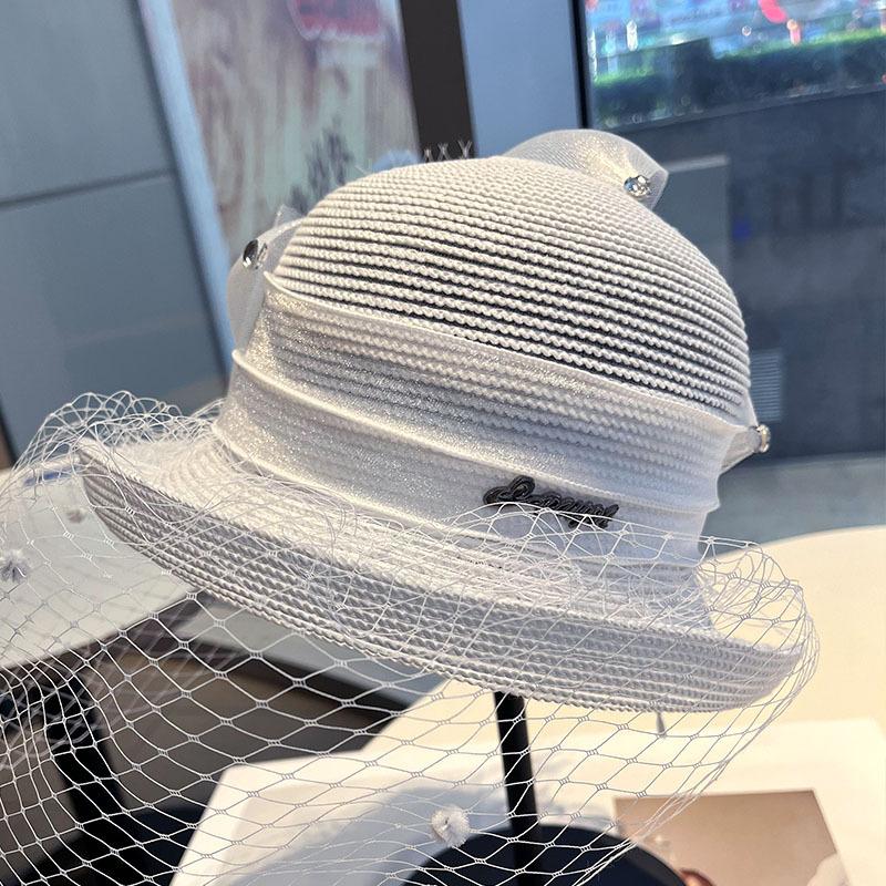 French flower mesh crimped brim basin hat female Hepburn style fashion exquisite banquet travel photo outdoor sun hat