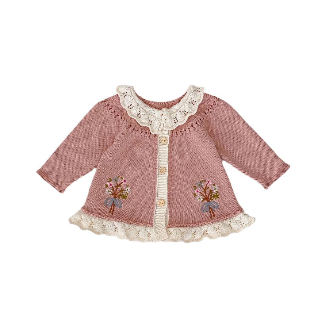 Girls Spring Autumn Long Cardigan with Floral Embroidery Ruffled Collar and A-Line Silhouette