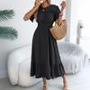 Women's Fashionable Casual Color Off Shoulder Black Fungus Edge Short Sleeved Pleated Waist Dress