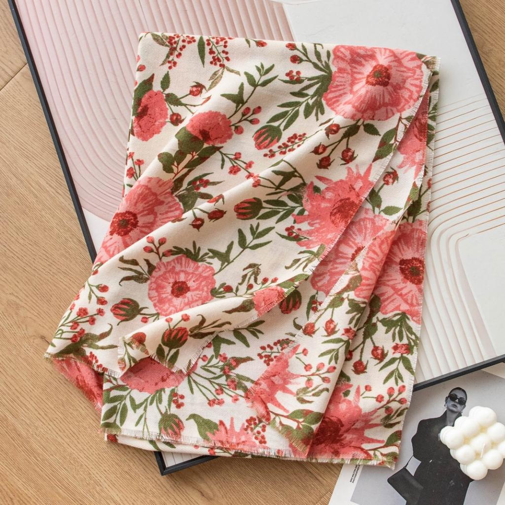 Pink Flower Print Women Winter Warm Scarf Hijabs Tassels Shawl Cashmere Pashmina Scarves Wraps