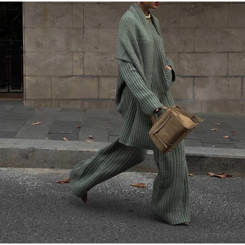 

Осенне-зимний шерстяной костюм Женский осенне-зимний высококлассный однотонный свитер с V-образным вырезом Прямые брюки Комплект-двойка Женский L зелёный