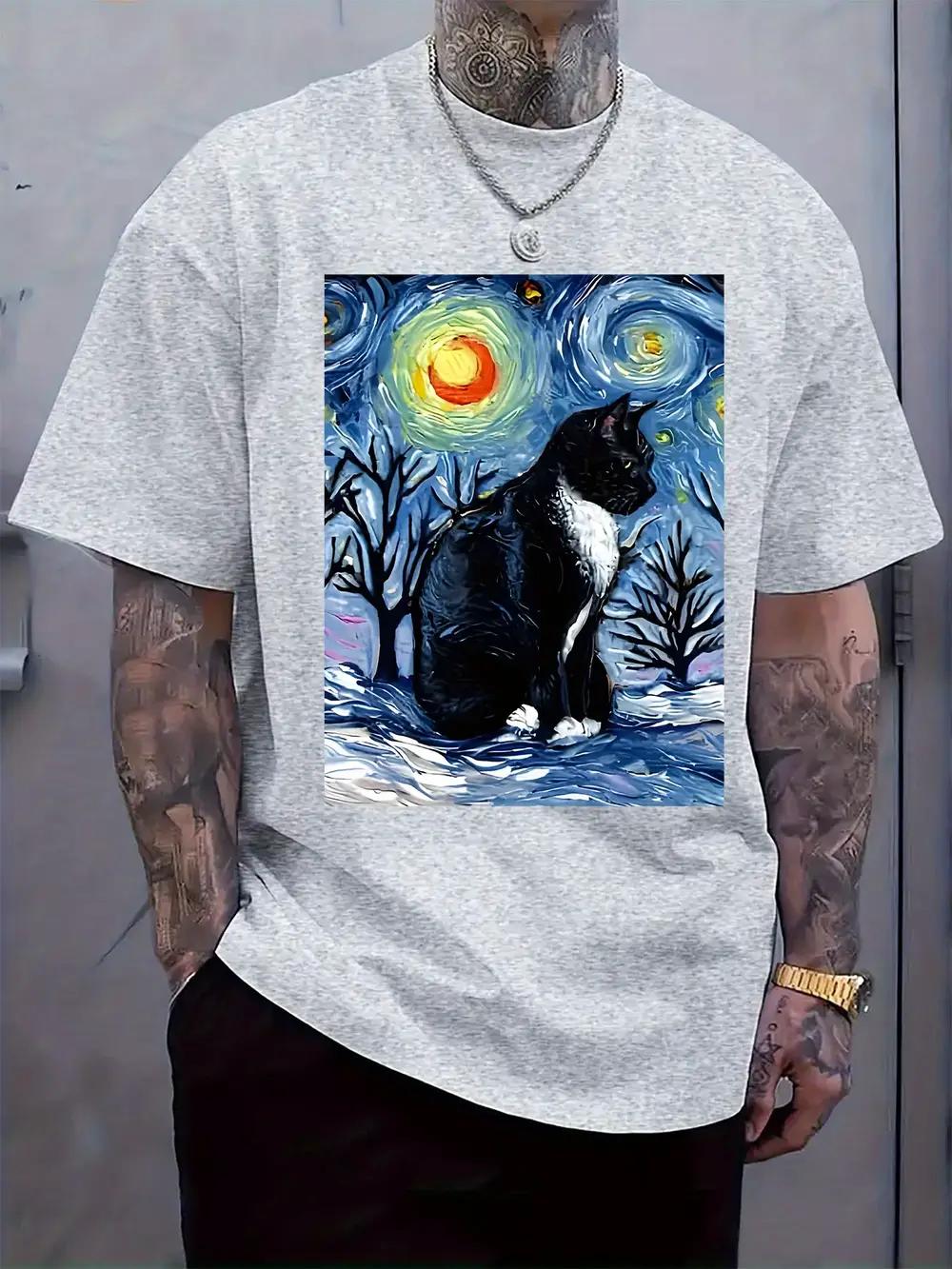 

Van Gogh Starry Night Cat Art Print T-shirt - Light Grey Regular Fit Casual Short Sleeve Round Neck Tee for Summer M