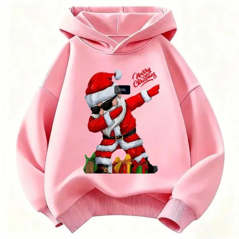 Fun festive hooded sweatshirt for kids,cool Santa art print with Merry Christmas lettering, skin-friendly fabric, easy matching for holiday occasions.