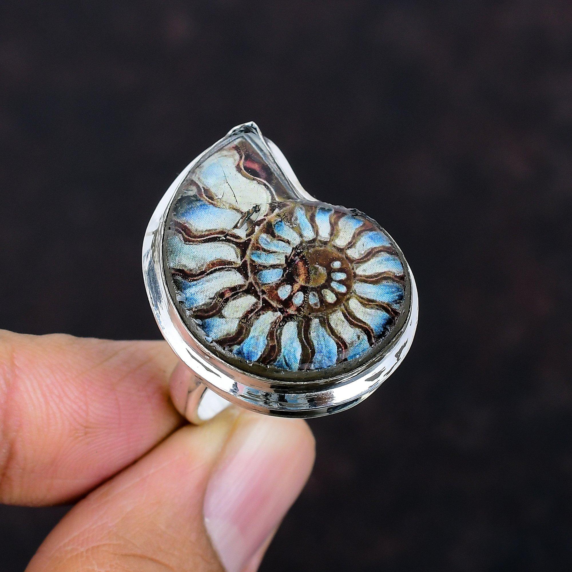 

Кольцо с окаменелостью аммонита, кольцо ручной работы, украшения с натуральными драгоценными камнями, кольцо из стерлингового серебра 925 пробы, регулируемое кольцо, свадебные подарки, кольцо-заявление Adjustable