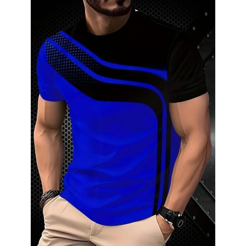 Fashion Men s Crew Neck T-Shirt 3D Striped Color Printed Crew Neck T-Shirt Striped Short Sleeve XS