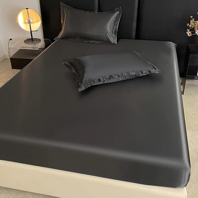 Satin Elastic Fitted Sheet Solid Mattress Cover  for Single Double Couple King Queen Full Twin Bedsheet  (No Pillowcase)