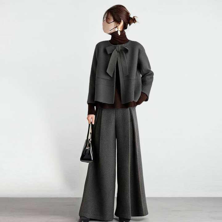 

2026 Fall/Winter Japanese Tie-Neck Cropped Jacket & Wide-Leg Pants Set Medium темно-серого