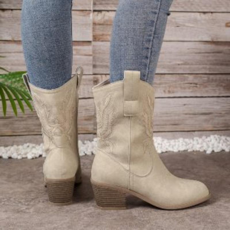 Damskie Plus Size Europejski Amerykański Styl Haftowane Kowbojki Western Nowe Jesienne Botki do Połowy Łydki do Jazdy Konnej Botki Sztyblety Martin