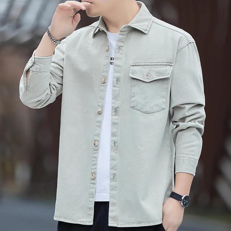 2026 Spring Autumn Men Cotton Cargo Shirts Men Casual Soild Color Shirts Male Long Sleeve Shirt Fashion Slim Fit Shirt