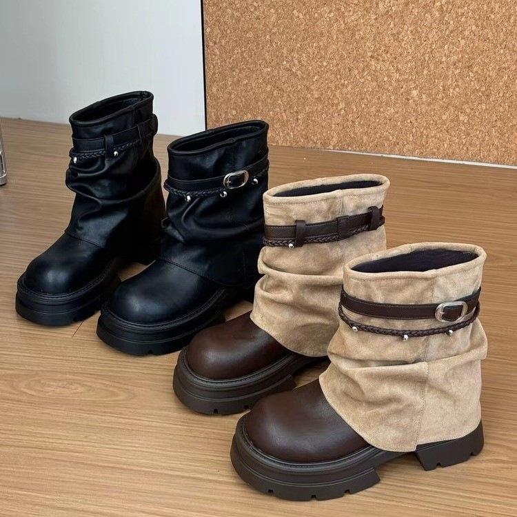 Sleeve Versatile Black Design Short Boots Women's Autumn Belt Buckle Martin Boots Fashion Enhances Thick Bottom
