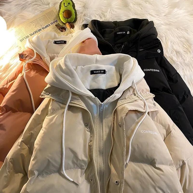 Korean Winter Leisure Cotton Clothes Women Parker Coat Y2K Multi-functional Fake Two Pocket Zipper Down Jacket Thick Coat