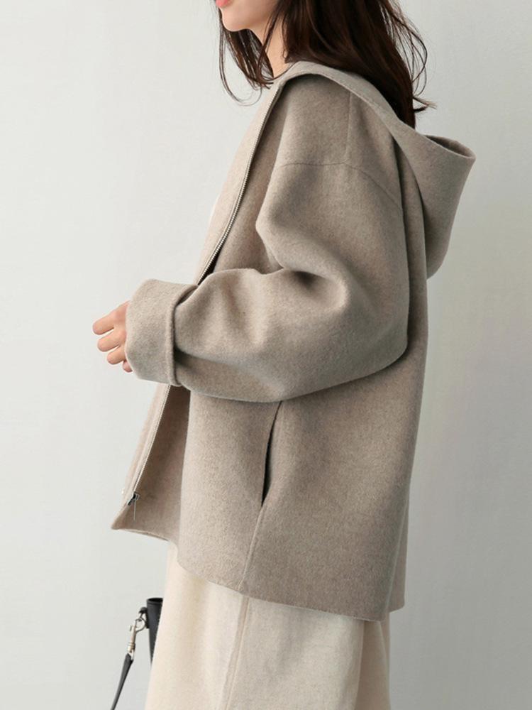 Women's Short Loose Fit Hooded Wool Coat - Korean Style, Solid Color, Petite, Casual, Autumn/Winter. In Stock, Ships Same Day.