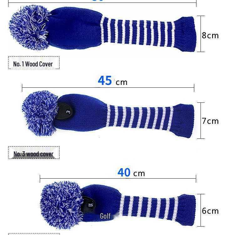 Striped Golf Club Headcovers - Set of 3 Knit Protective Covers for Woods (1/3/5) with Pom Pom Design.