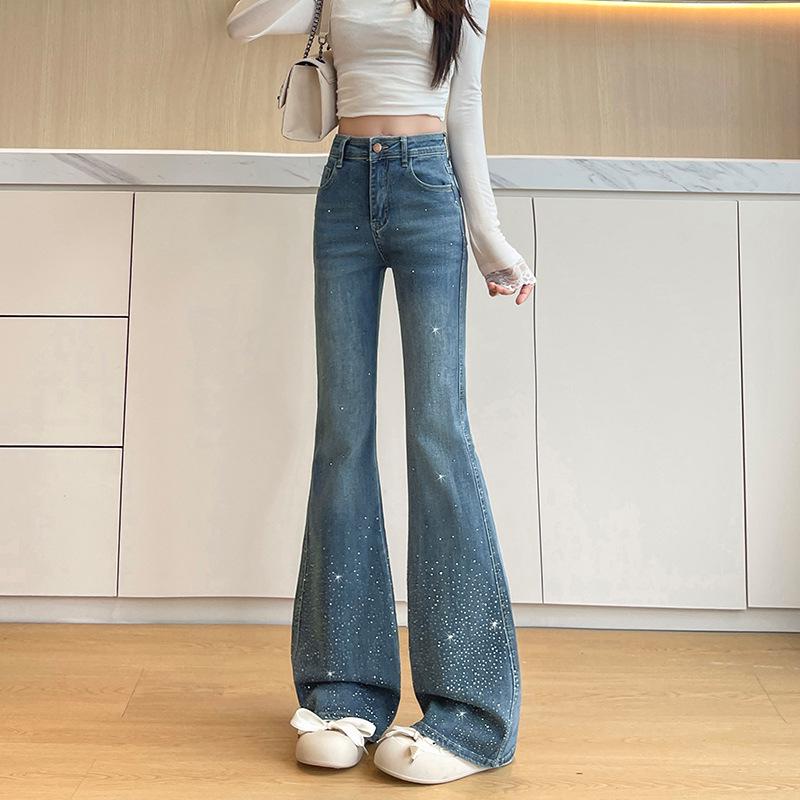 Jeans de Micro-Campana de Tiro Alto con Pedrería Brillante – Pantalones Acampanados Elásticos de Corte Ajustado para Mujer para Primavera/Otoño