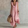 Specially for Bohemian Striped Ruffle Edge V-neck Sleeveless Long Skirt, Holiday Style Loose Swing