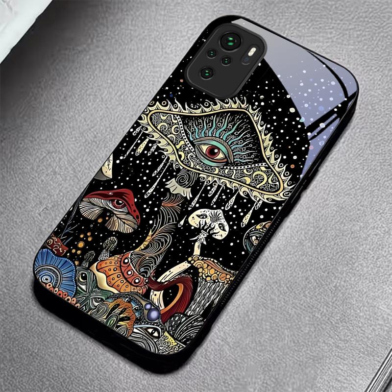 Magic Mushrooms Art Black Glass Phone Case For Redmi Note 10 11 Pro+ 12 13 14 4G (Global) 14 Pro 5G India K60Ultra 13C 14C Cover