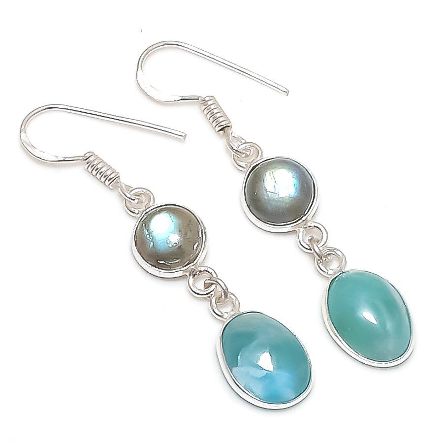 

Натуральный лабрадорит, ларимар 925 стерлинговое серебро ювелирное изделие серьга 1,77 h9D63