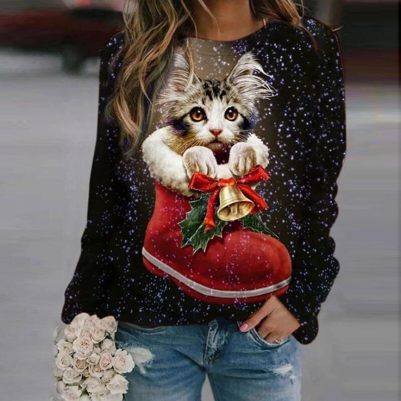 Round Neck 3D Cat Printed Top Casual Long Sleeved Women's T-shirts - Soft Medium Stretch Polyester Fabric Spring and Autumn Relaxed Fit Clothing