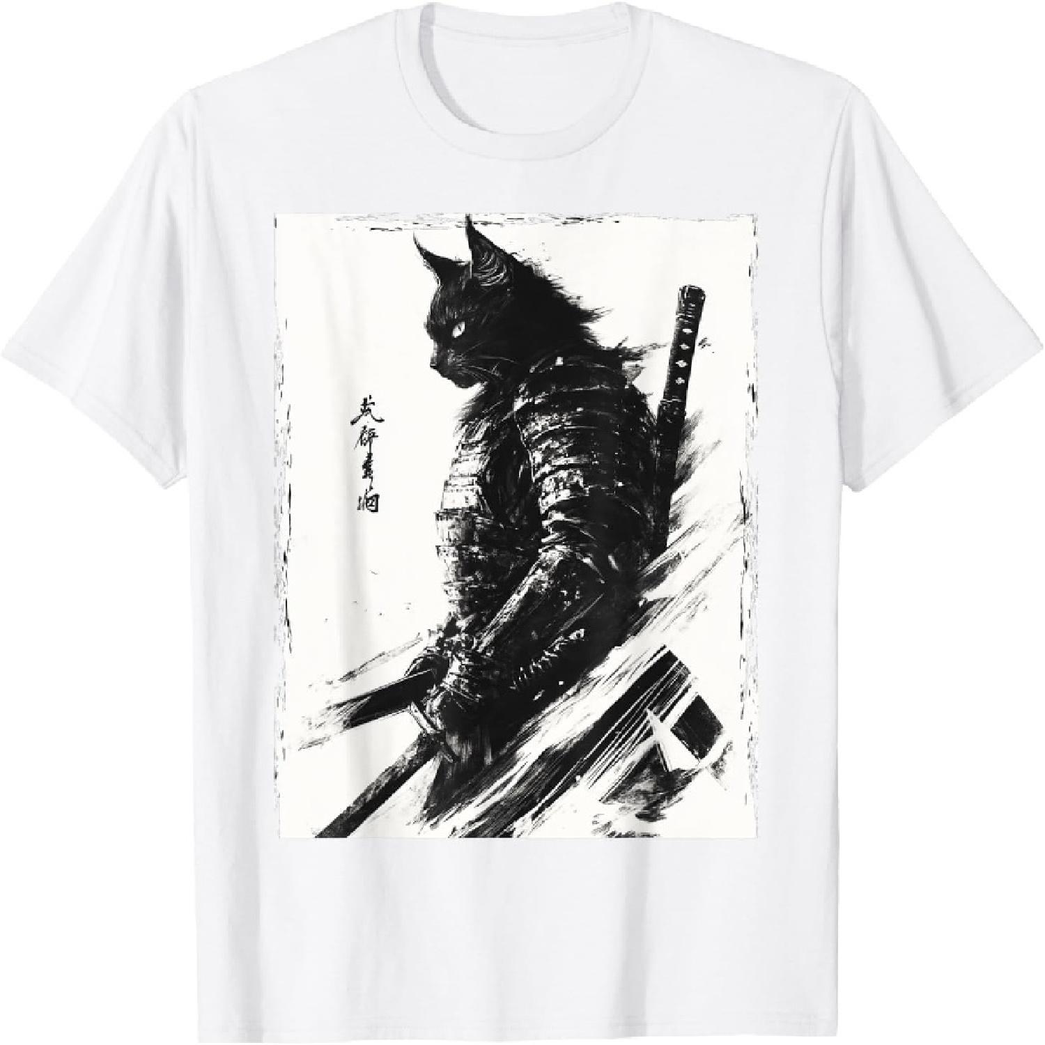 HQDSAD Samurai Warrior Cat Graphic Tee Vintage Japanese Art Anime T-Shirt S