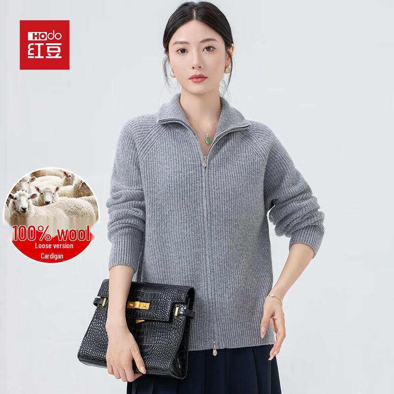 

Hongdou Women s Loose Fit 100% Pure Wool Half-High Collar Zip-Up Cardigan Sweater One Size