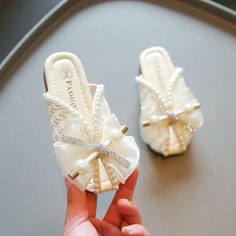 Girl's Lace Mesh Peep Top 2026 Summer New Fashion Children‘s Soft Sole Simple Pearl Bow Covered Toes Princess Shoes for Vacation