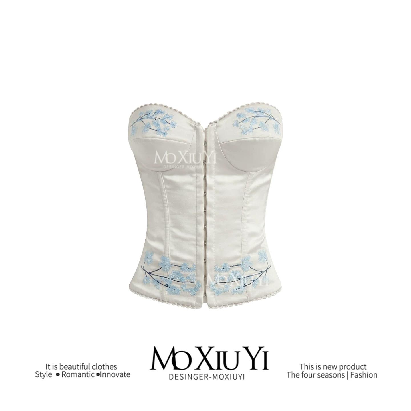 Женский белый короткий топ-бюстье с вышивкой Moxiu, сексуальный и стильный облегающий верхний слой S светло-бежевый