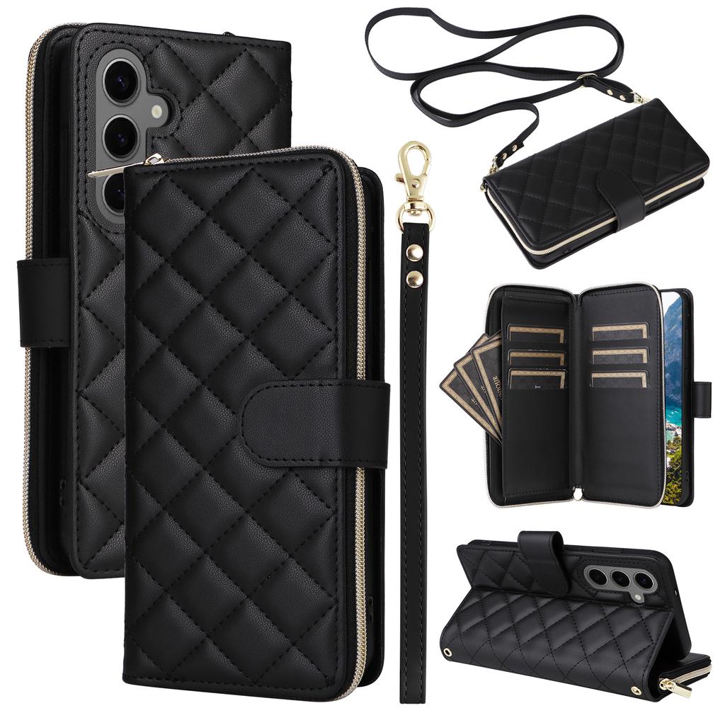 For Samsung Galaxy S24 Phone Case Leather Flip Cover with Rhombus Zipper Pocket
