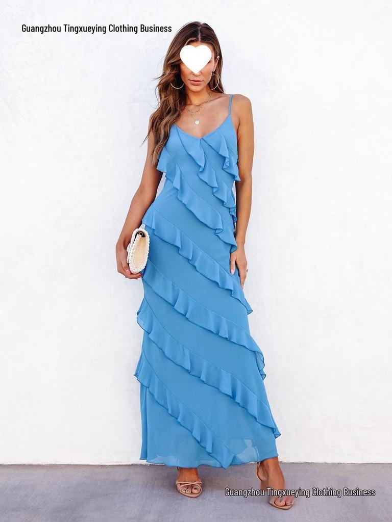 European-American Backless Spaghetti Strap Wave Slim-Fit Slit Maxi Dress