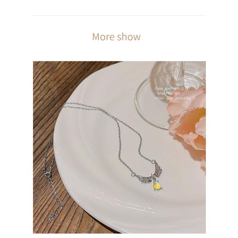 Women Light Luxury Minimalist Angel Wing Moonstone Drop Pendant Titanium Steel Clavicle Necklace