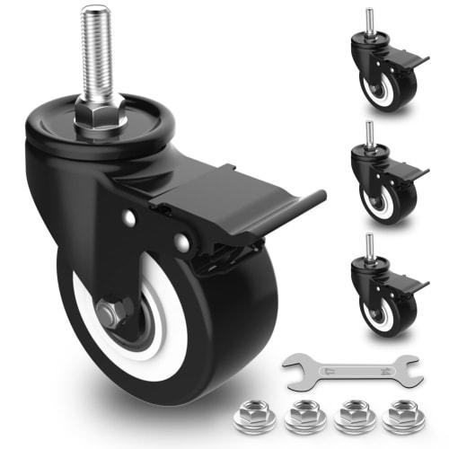 

COOWOO Screw-Type Swivel Casters, M6, M8, M10, with Brakes, 2-Inch (50mm) Wheel Diameter, 270kg Load Capacity, 360-Degree Rotation, Quiet, Set of 4 Re