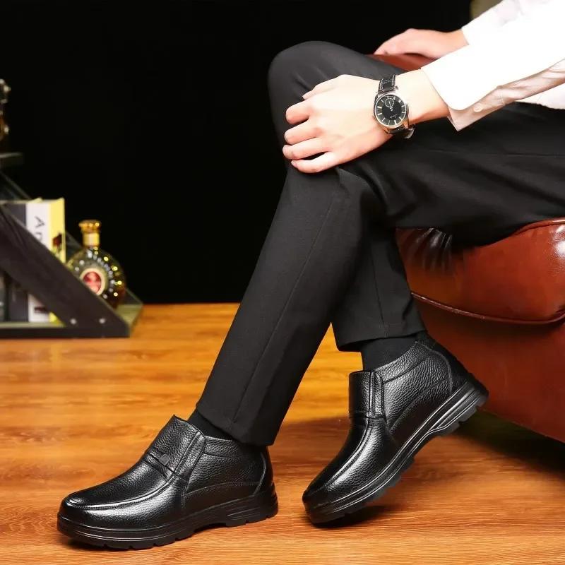 Size 35-48 Winter Black Leather Men Waterproof Anti Slip Plush Warm Casual Shoes Middle-aged Elderly People Comfort Snow Boots
