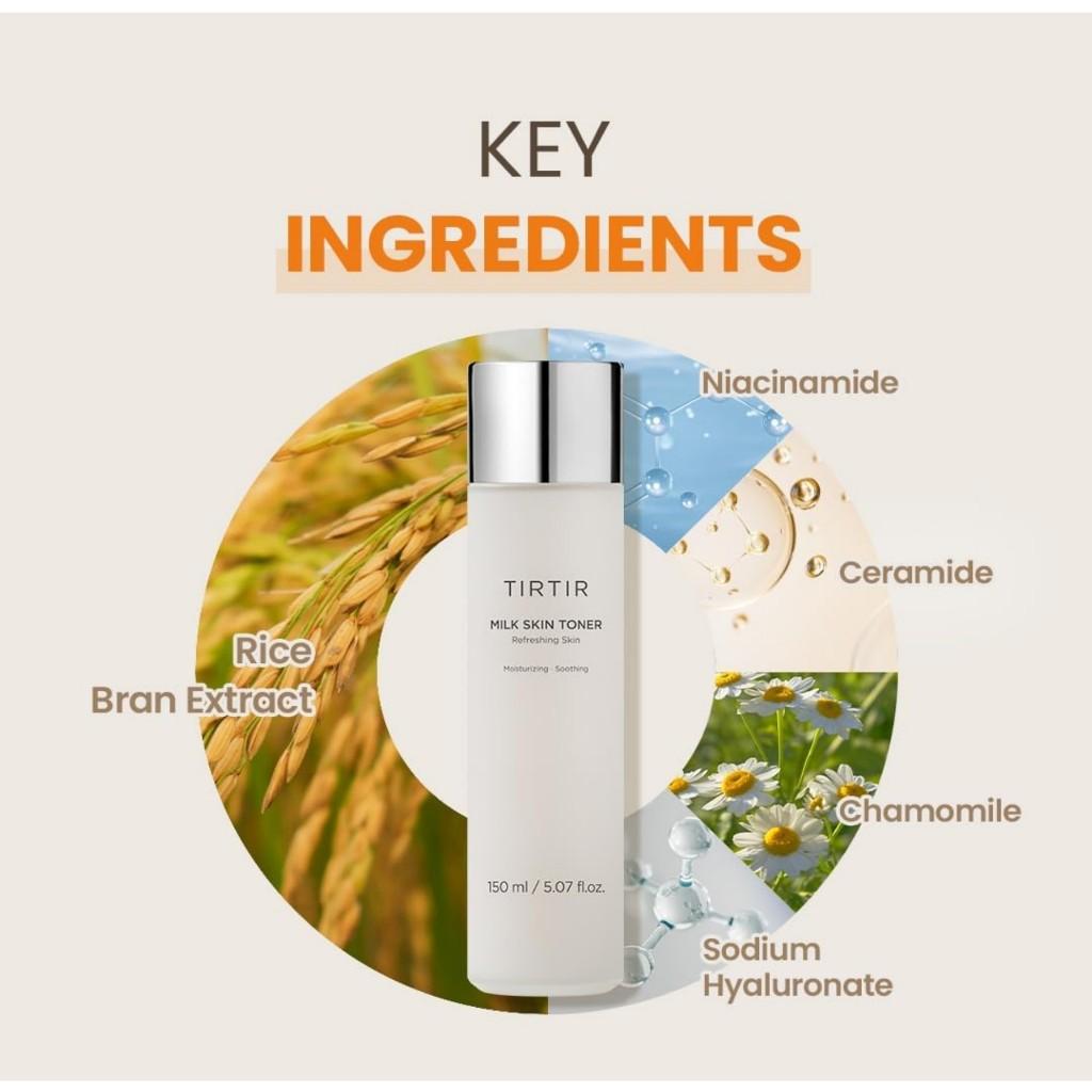 TIRTIR Toner Milk Skin, 150 ml / 50 ml | Hloubková hydratace, Okamžitý jas, 2% Niacinamid, Heřmánek, Extrakt z rýžových otrub, Ceramidy, Panthenol