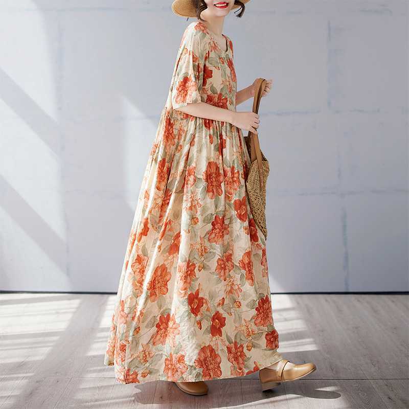 Simple and Fashionable Long Skirt Summer Short Sleeved Round Neck Printed Dress