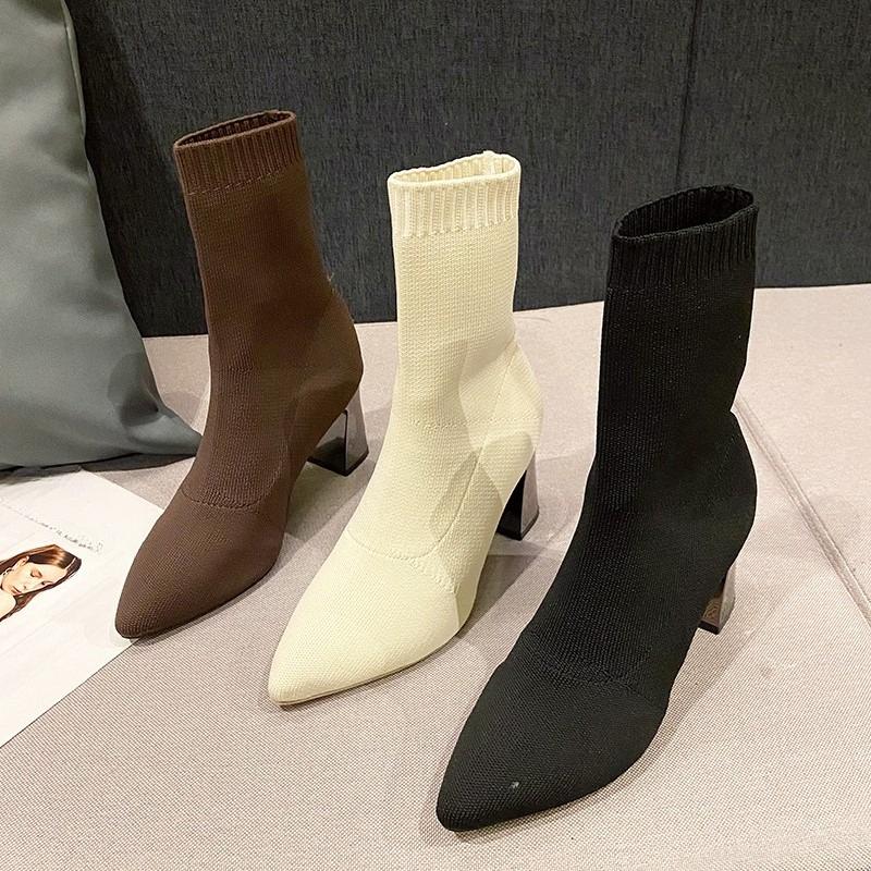 Fashion Stretch Knit Breathable Booties Women Spring and Autumn Pointed Toe Versatile Block Heel High Heel Skinny Boots