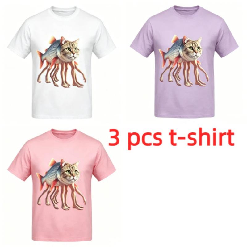 Funny Cartoon Fish Cat Monster Print Kids T-Shirts Summer Fashion Street Outdoor Casual T-shirt Tops for Boy and Girl's Tees Top