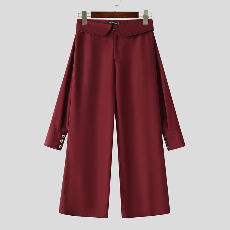 

INCERUN Men Fake Two-piece Bandage Zipper Waist Casual Straight Pants Long Trousers 5XL вино красного