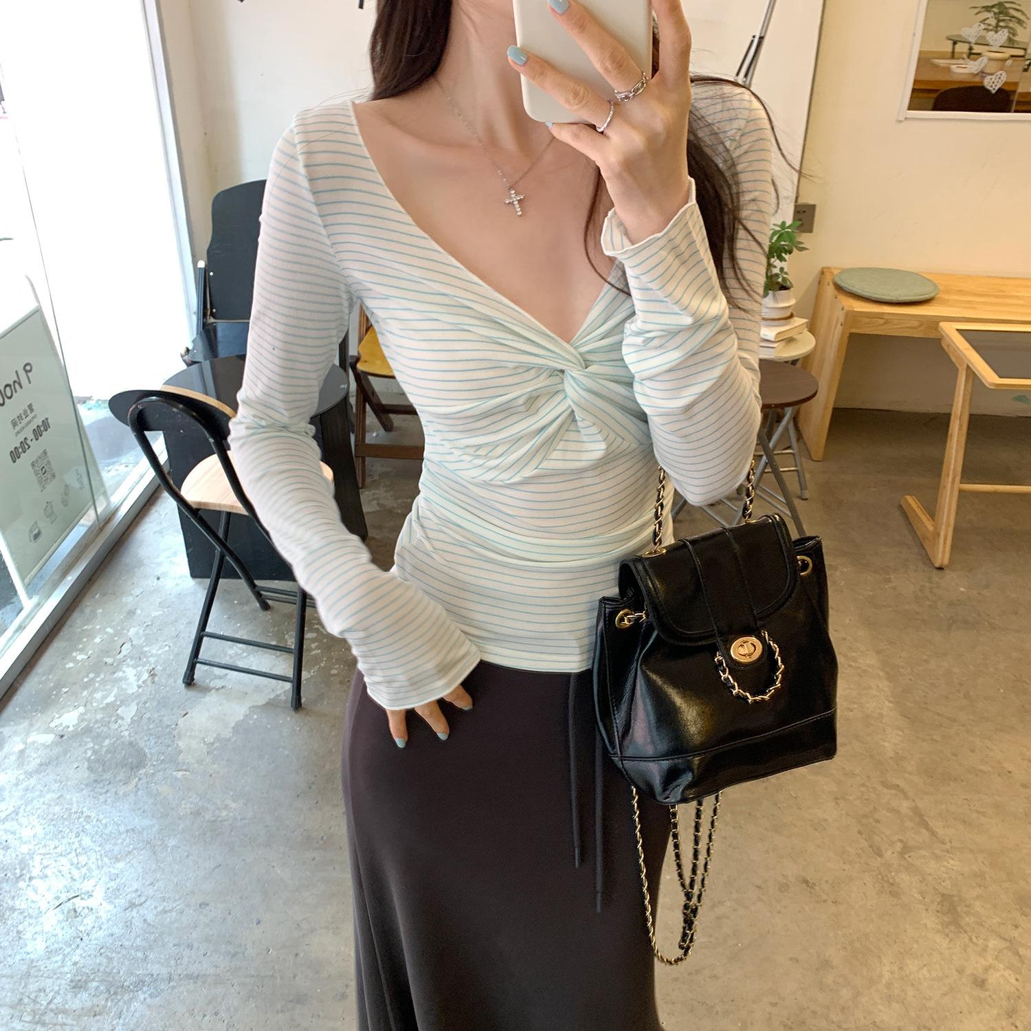 

Twist Knot V Neck Red White Stripe Long Sleeve Tee Women Spring Autumn Sexy Hot Girl Slim Fit Crop Top XL