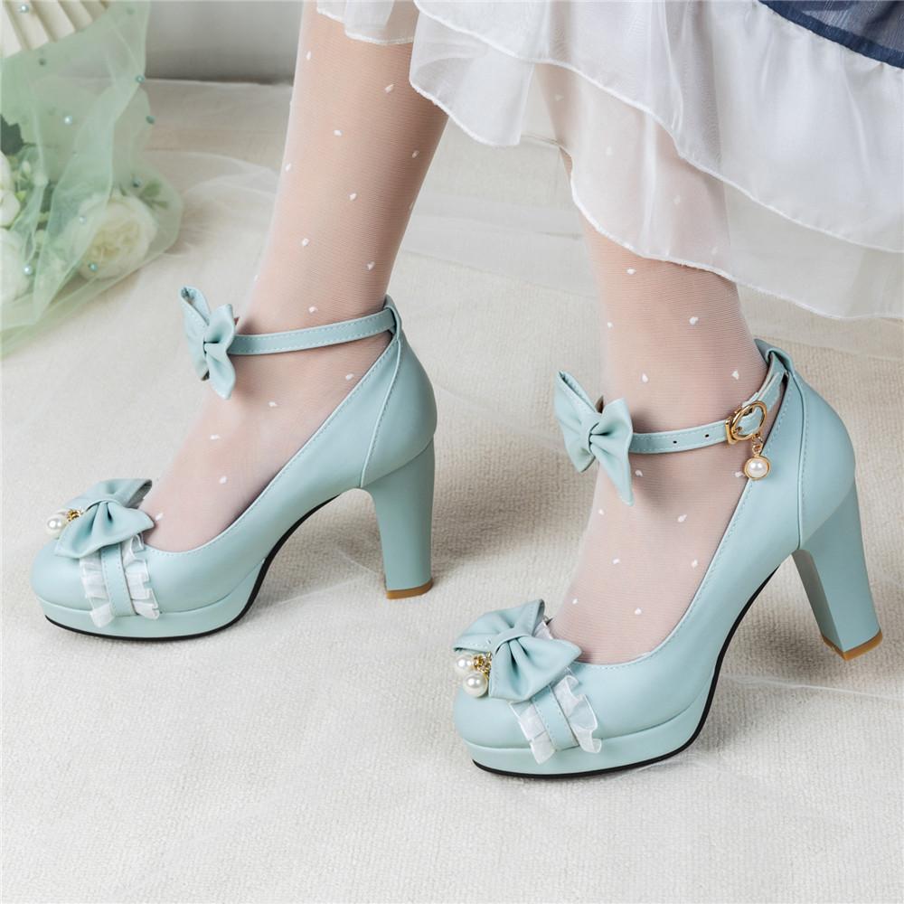 Fashion Spring Ankle Strap Women High Heels Mary Jane Pumps Party Wedding Cosplay White Pink Black Bow Princess Cosplay Lolita Shoes