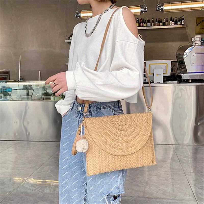 Summer Beach Handmade Straw Woven Clutch Elegant Women'S Casual Shoulder Crossbody Bag With Detachable Shoulder Belt