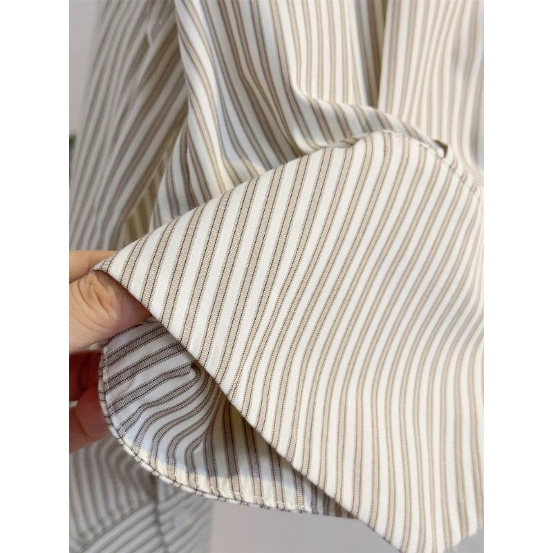 Trendy Cropped Striped Blouse Puff Sleeve Oversized Collar Shirt Daily Fashion Wear For Women