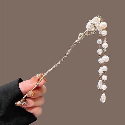 New Chinese Style Imitation Pearl Tassel Hair Stick for Women Retro Metal Zircon Geometric Twisted Hairpin Hair Accessories