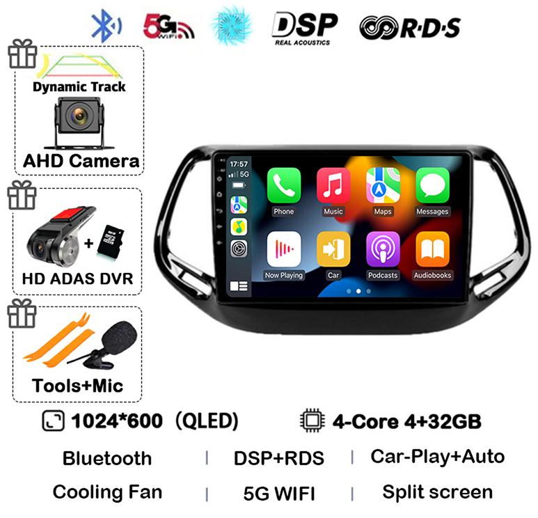 Android 14 Carplay Auto Car Radio For Jeep Compass 2017 2018 2019 GPS Navigation Stereo Multimedia Video Player 360 Camera WIFI