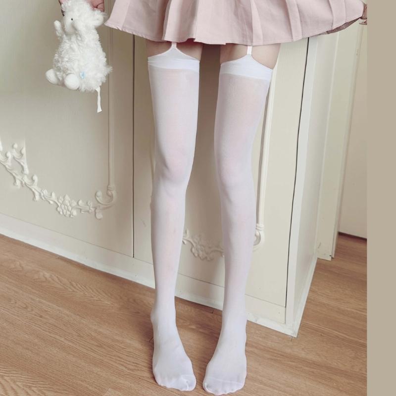 Womens Garter Belt Strappy Suspender Pantyhose Japanese Gothic Crosses Print Thigh High Stockings Bandages Silk Tights