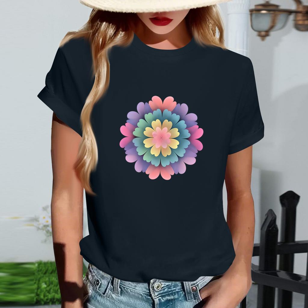 Women's Fashionable Round Neck Casual Retro Print Short Sleeved T-shirt Top