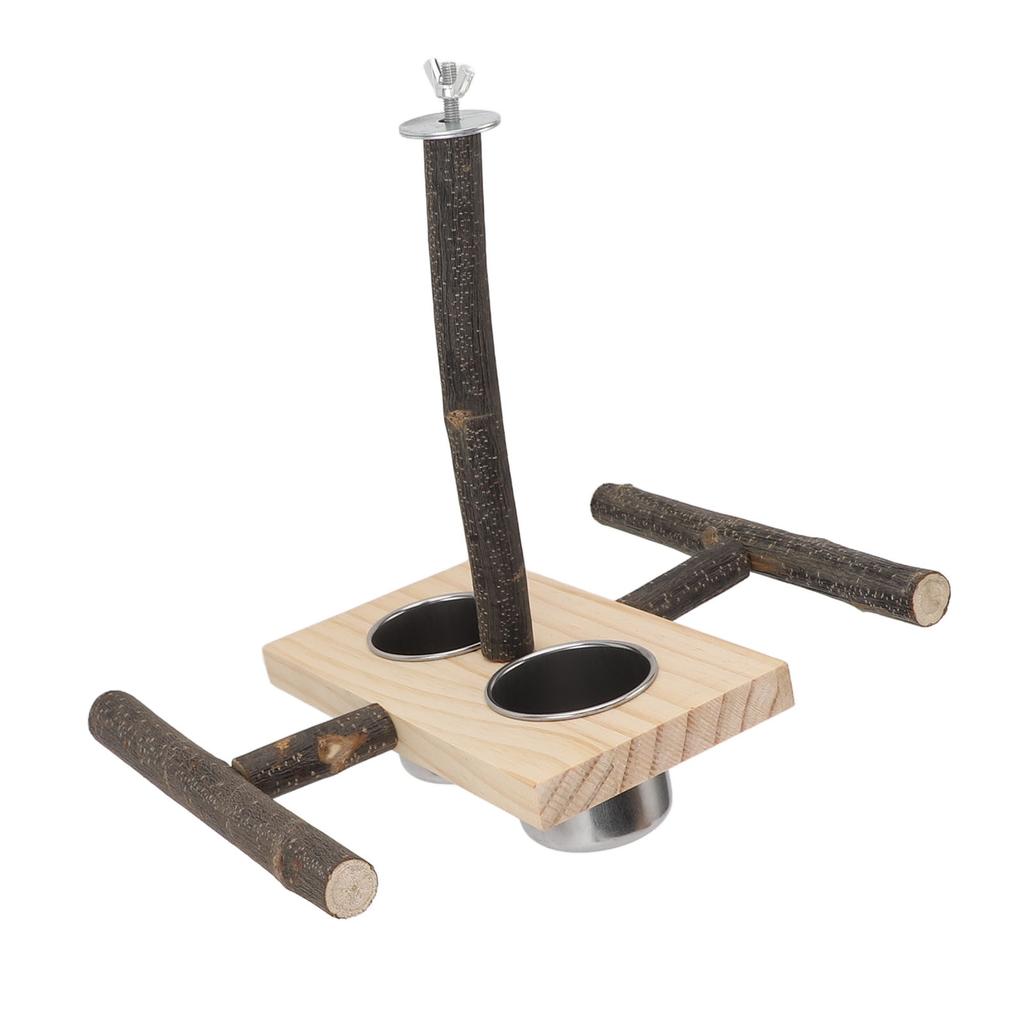 Wooden Perch Stand Hanging Bowls Bird Food Stainless Steel Cups Wood Perch Stand Hanging Feeder