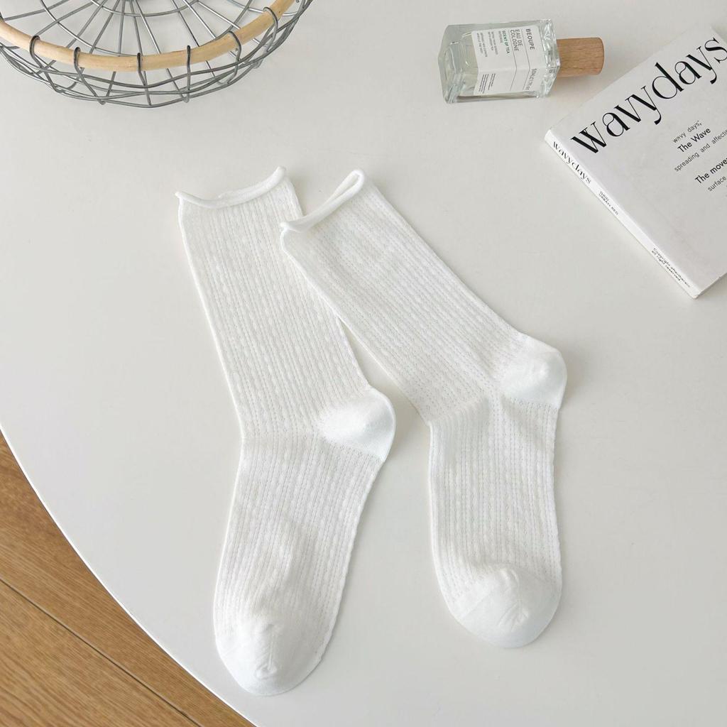 Women's Summer Style White Slouch Socks – Breathable Hollow Mesh Mary Janes, Seamless & Mid-Calf Length