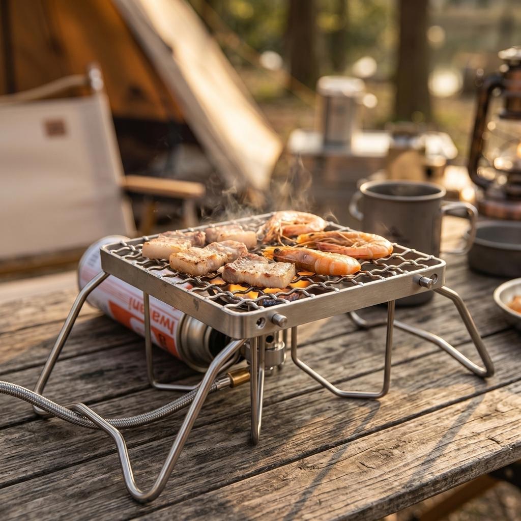 Support de Grill Mini Pliable MS-1011 Acier Inoxydable Support BBQ Portable Compatible avec les Cuisinières à Gaz Conception Compacte pour la Cuisine en Plein Air
