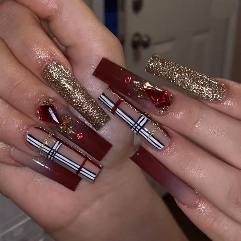 Nail Art Tablets Nail Art Finished Long Ballet Plaid Gold Glitter Rhinestone Nail Wear Finished Nail Art Wear Nail