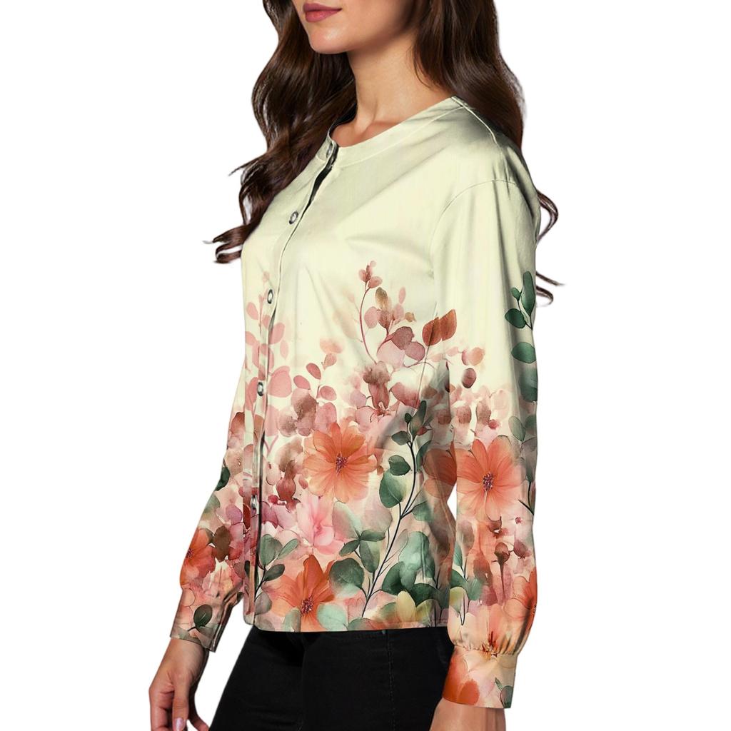 Women's Casual Long Sleeve Single Breasted Floral Print Caregiver Cardigan Top Lightweight Button Up Shirt for Daily Wear