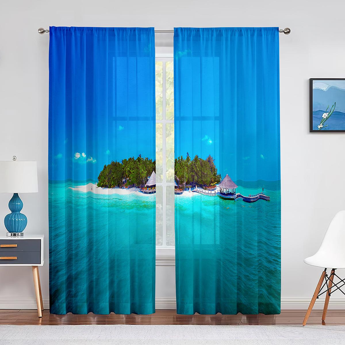 

Океан, тропический остров, живописная прозрачная вуаль, занавеска для пляжа, пальмы, окна, тюлевые шторы, украшение для спальни, гостиной 1 PCS W100XH250cm&Grommet Top